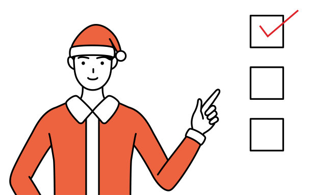 一个装扮成圣诞老人的人指着一张清单的简单线条插画。图片下载