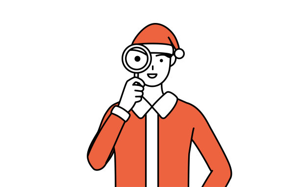 简单的线条插画，一个男人打扮成圣诞老人通过放大镜看图片下载