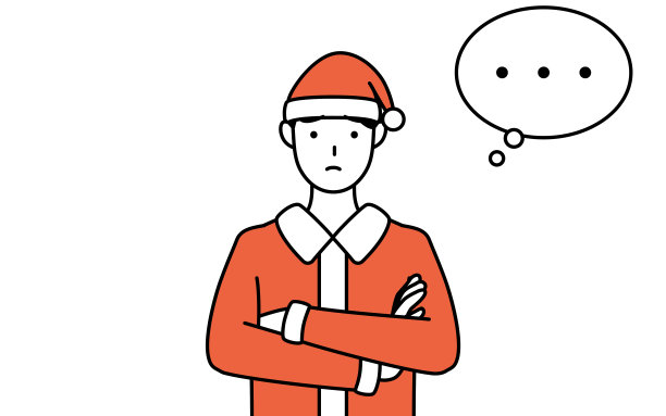 简单的线条插画，一个男人打扮成圣诞老人，双臂交叉，思考。图片下载