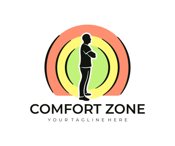 男人站在他的舒适区，图与不同的区域，设计。走出舒适区，选择和选择是否离开舒适区，矢量设计和插画。图片下载