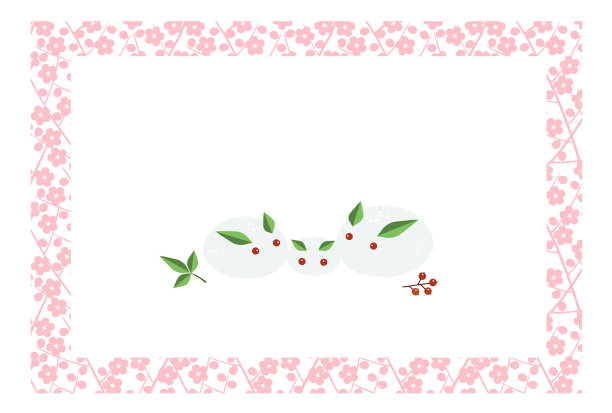 框架与粉红色梅花的树枝图案与插图的三只兔子制成的雪和南地黄浆果和树叶。用白色的复制空间。图片下载