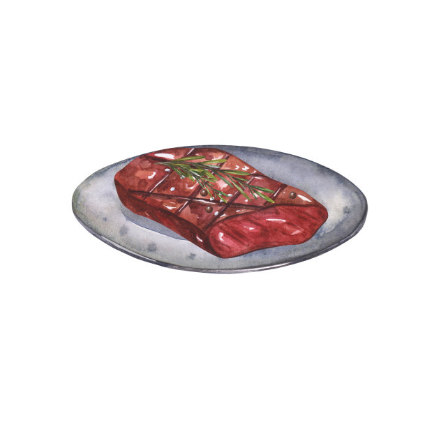 烤牛排放在盘子里。水彩孤立的插图食物在白色的背景为餐厅，咖啡馆，菜单和您的设计图片下载