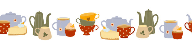 无缝边界的彩色茶壶，杯子和甜点图片下载