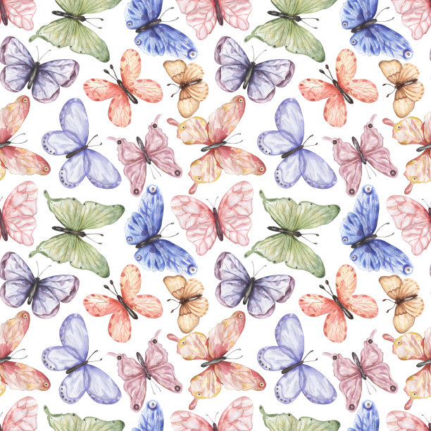 蝴蝶无缝图案，水彩画飞蛾纸，昆虫重复图案，纺织印花，夏季印花设计，剪贴纸，卡片制作，剪纸设计图片下载