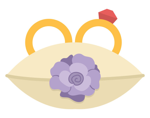 矢量结婚戒指与红色的石头小枕头与紫色的玫瑰。可爱的婚礼或求婚符号剪纸元素的新娘和新郎。刚刚结婚的夫妇仪式的配饰插画图片下载