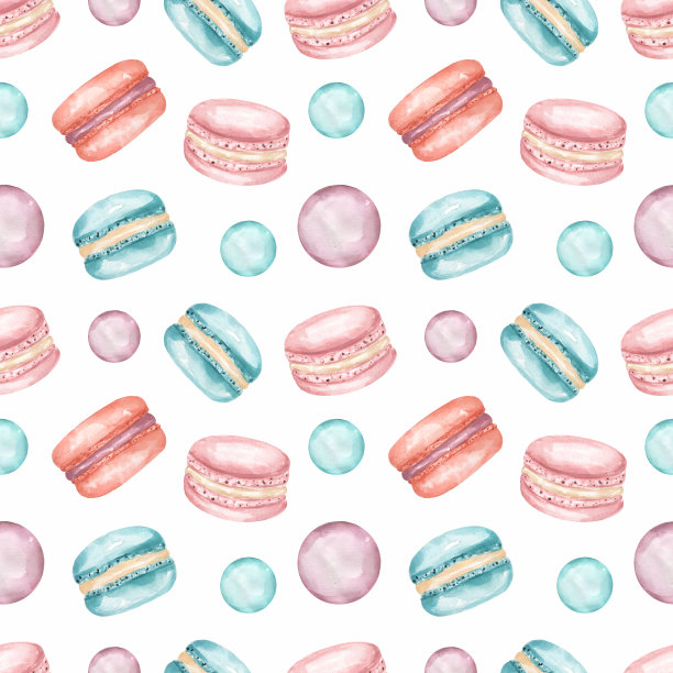 水彩美味糖果重复纸，马卡龙剪贴簿纸，糖果包装纸，手绘面包店无缝图案，食品印花面料，无尽的印花图片下载