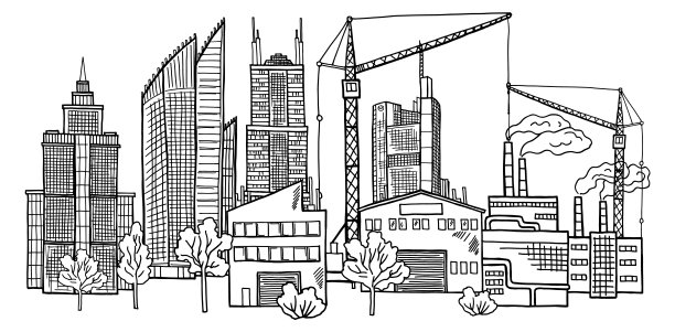 手绘风格的城市景观。城市全景草图图片下载