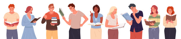 一群人拿着书站成一排。学生们正在学习和准备考试。图片下载