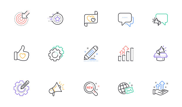 品牌社交项目线图标。商业策略，扩音器和代表。线性集。向量图片下载