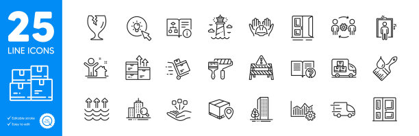 大纲图标设置。送货卡车，卓越的操作和易碎包装图标。用于网站应用程序向量图片下载