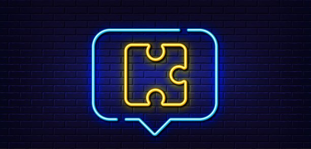 拼图片线图标。拼图游戏形状标志。霓虹灯说话泡泡。向量图片下载