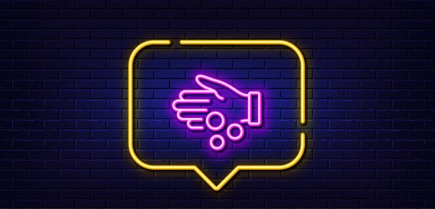 捐款线图标。小费钱标志。霓虹灯说话泡泡。向量图片下载