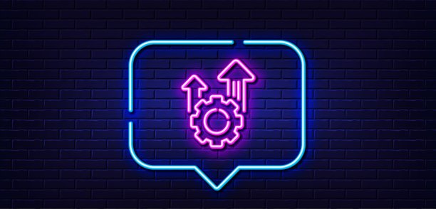 Seo齿轮线图标。设置齿轮标志。交通管理。霓虹灯说话泡泡。向量图片下载