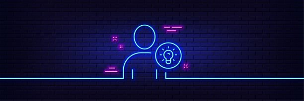 用户线路图标。带灯泡标志的侧面。霓虹灯辉光效果。向量图片下载