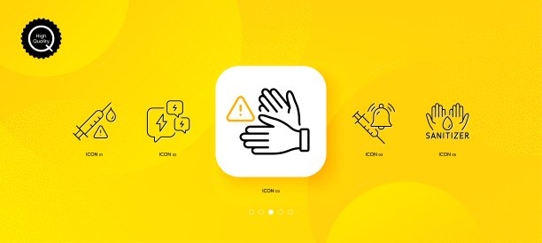 疫苗注意、疫苗公告和洗手液最小线图标。对于网页应用，打印。向量图片下载