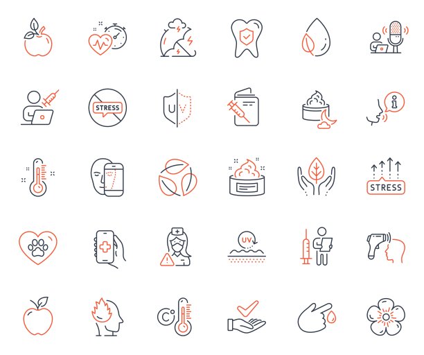 设置了医疗保健图标。包括图标接种护照，紫外线保护和温度计网络元素。向量图片下载