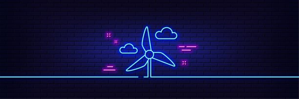 风车涡轮线图标。风力能源标志。霓虹灯辉光效果。向量图片下载
