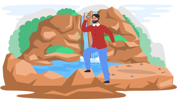 一名男子站在济州岛公园山上自然景观的瀑布旁拍照图片下载