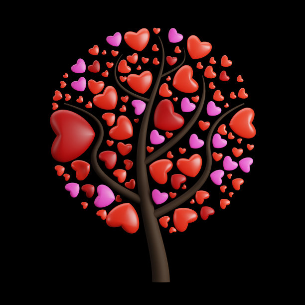 三维渲染的树与爱心在黑色与裁剪路径图片下载