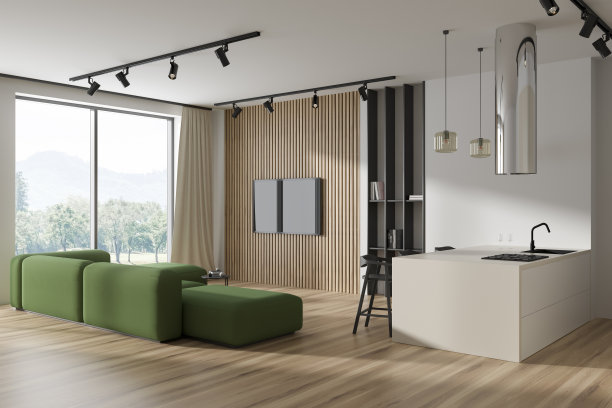 时尚的工作室内部设有放松和烹饪区，电视机和全景窗图片下载