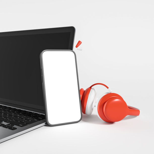 手机模型屏幕和带耳机的笔记本电脑图片下载