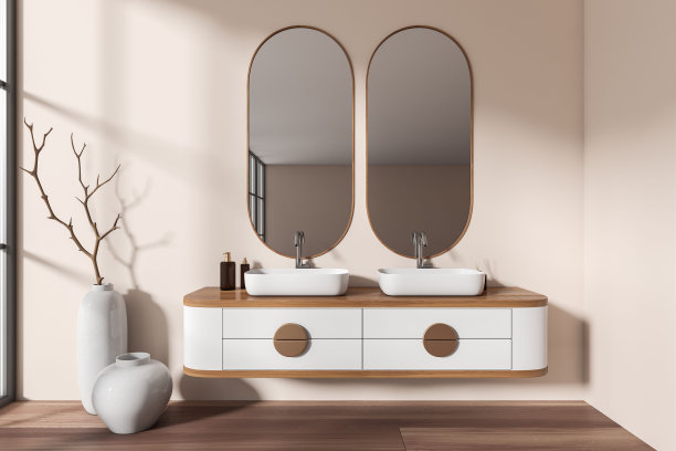 前视图明亮的浴室内部有两个镜子，水槽图片下载