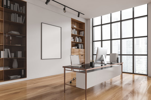 时尚的商务室内，工作台和靠近窗户的架子。模型框架图片下载