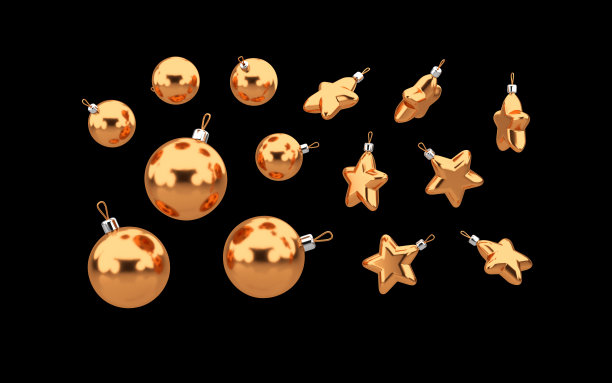 不同大小的圣诞玻璃球套装。各式各样的金色节日舞会。星形和圆形装饰集孤立在黑色背景。三维渲染图片下载