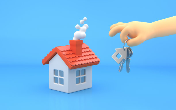 经典的房子，红色的屋顶和烟的烟囱，手拿钥匙。钥匙圈和钥匙在明亮的蓝色背景。三维渲染图片下载