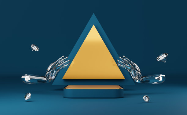 讲台空的玻璃手和蓝色钻石组成的现代舞台展示和极简主义的模型，抽象的橱窗背景，概念3d插图或3d渲染图片下载