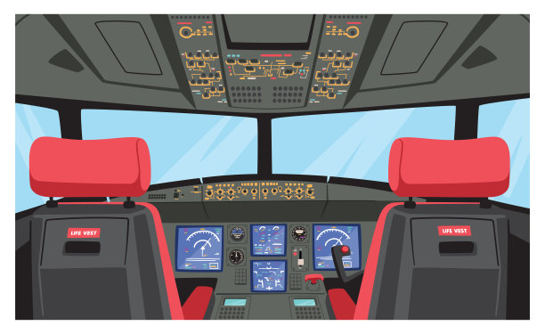 飞行员座舱，机长座舱，带仪表盘，椅子和窗户。现代客机内饰图片下载