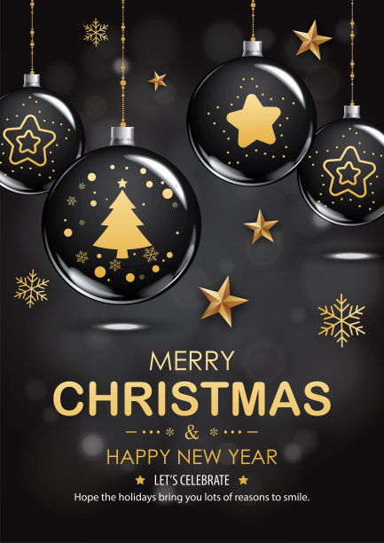 圣诞快乐与玻璃球为传单小册子设计的黑色背景邀请主题概念。节日快乐祝福横幅和卡片模板。图片下载