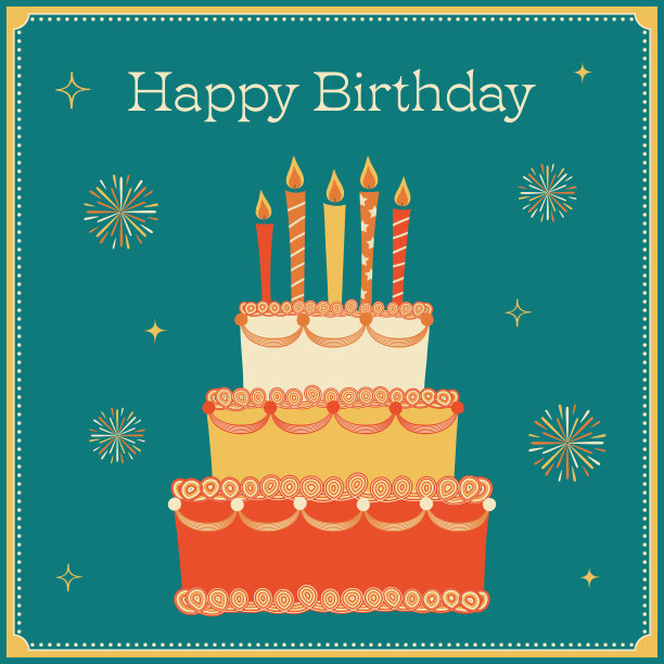 生日贺卡上有蛋糕和烟花，手绘风格。图片下载