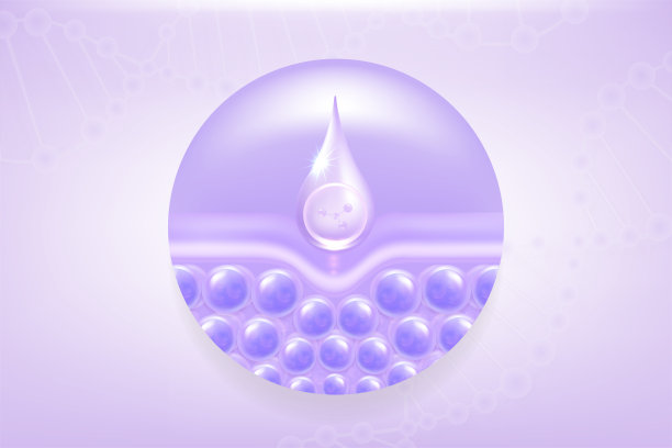 透明质酸头发和皮肤解决方案广告，紫色胶原蛋白血清滴入皮肤细胞与化妆品广告背景准备使用，插图矢量。图片下载