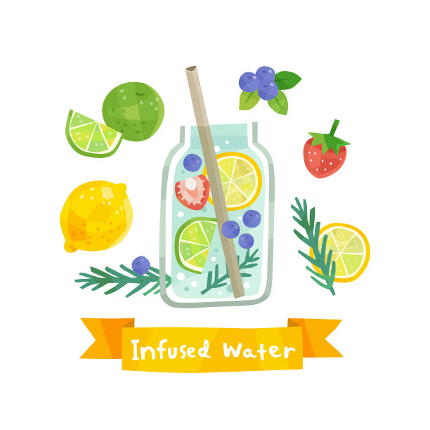 灌水玻璃瓶与水果和草药多边形风格图片下载