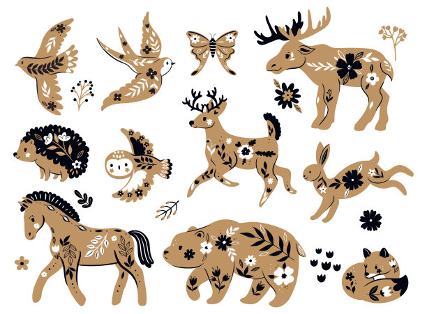 一套风格化动物与花卉饰品孤立在白色背景。矢量图形。图片下载