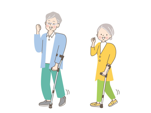老年男女拄着拐杖走路的插图图片下载
