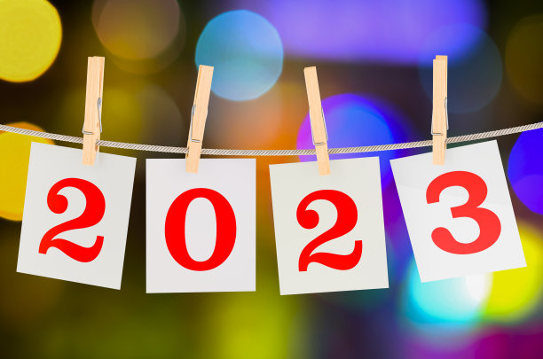 2023年的概念。剪贴卡和灯光背景，3D渲染图片下载