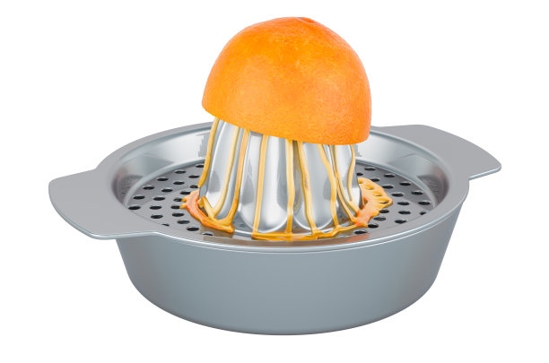 柑橘榨汁机手动挤压半个橙子，3D渲染图片下载
