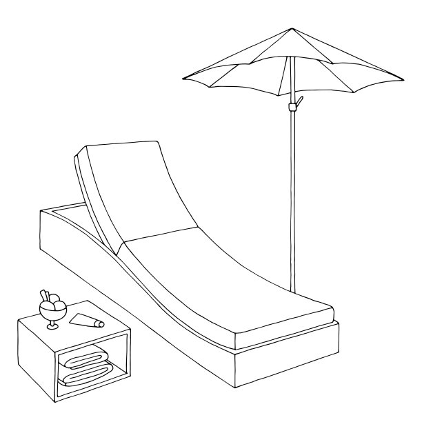 甲板椅孤立图形黑白孤立素描插图矢量图片下载