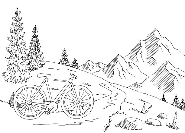 自行车在山地图形黑白景观素描插图矢量图片下载