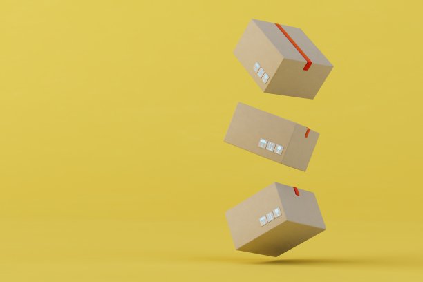 包裹递送的概念。黄色背景包裹的盒子。复制粘贴，复制空格。三维渲染图片下载