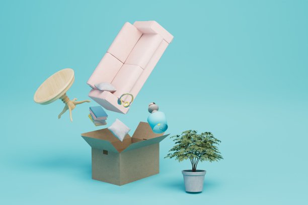 移动的概念。在清洁公司的帮助下，用箱子运输室内物品。三维渲染图片下载