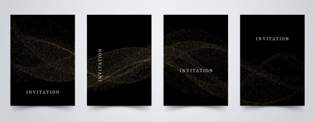 一套抽象的金色波浪图案。极简的现代奢华平面设计，明亮的金色波浪在黑色背景。模板墙纸，封面，海报，明信片。图片下载