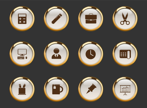 办公室金边矢量图标在黑色背景。金色框架的办公图标，用于网页，手机和UI设计图片下载