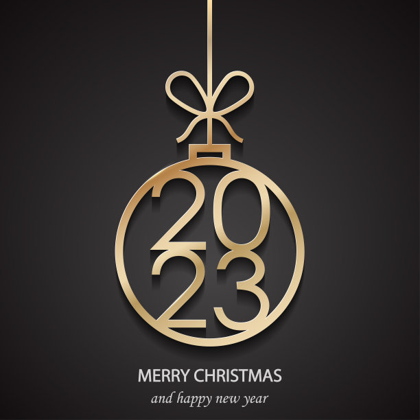 金色圣诞树装饰2023黑色背景。圣诞快乐，2023年新年快乐。圣诞球装饰矢量插画图片下载