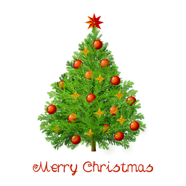 有红球和金色星星的圣诞树。圣诞短信快乐。图片下载