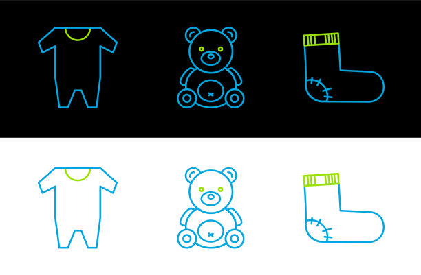 设置线婴儿袜子，衣服和泰迪熊长毛绒图片下载