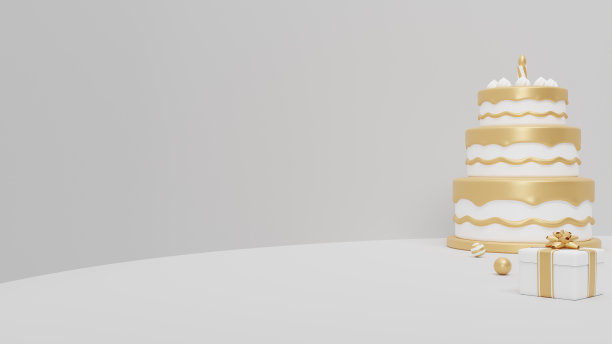 产品展示平台，配有生日蛋糕和礼品盒。3 d渲染。3 d演示。图片下载