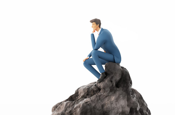 成功的商人西装革履，坐在山巅的岩石上。思维的商人。解决问题，分析问题，找到解决方案的概念。3D效果图图片下载